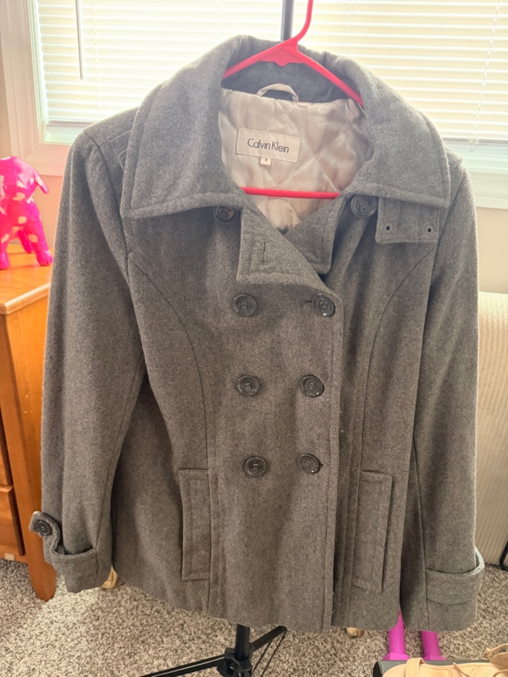 Calvin Klein Women's Gray Double-Breasted Pea Coat with hood